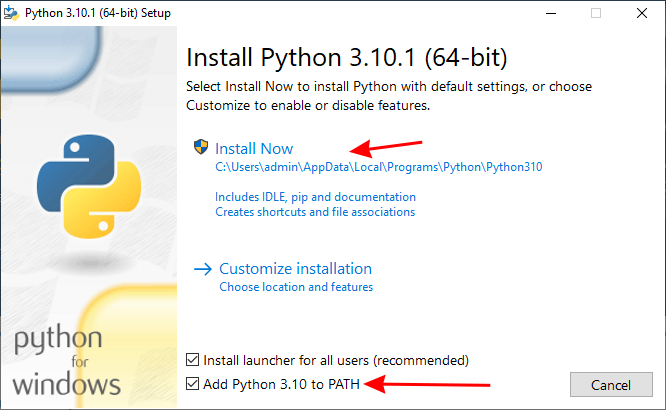 Python 安装窗口，箭头指向 "添加 Python 到 PATH" 和 "立即安装"