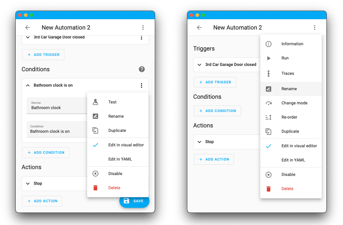 Screenshot showing the new 自动化 editor overflow menus