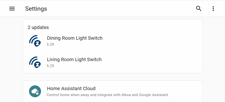 Screenshot showing zwave 设备 updates in the 设置 page