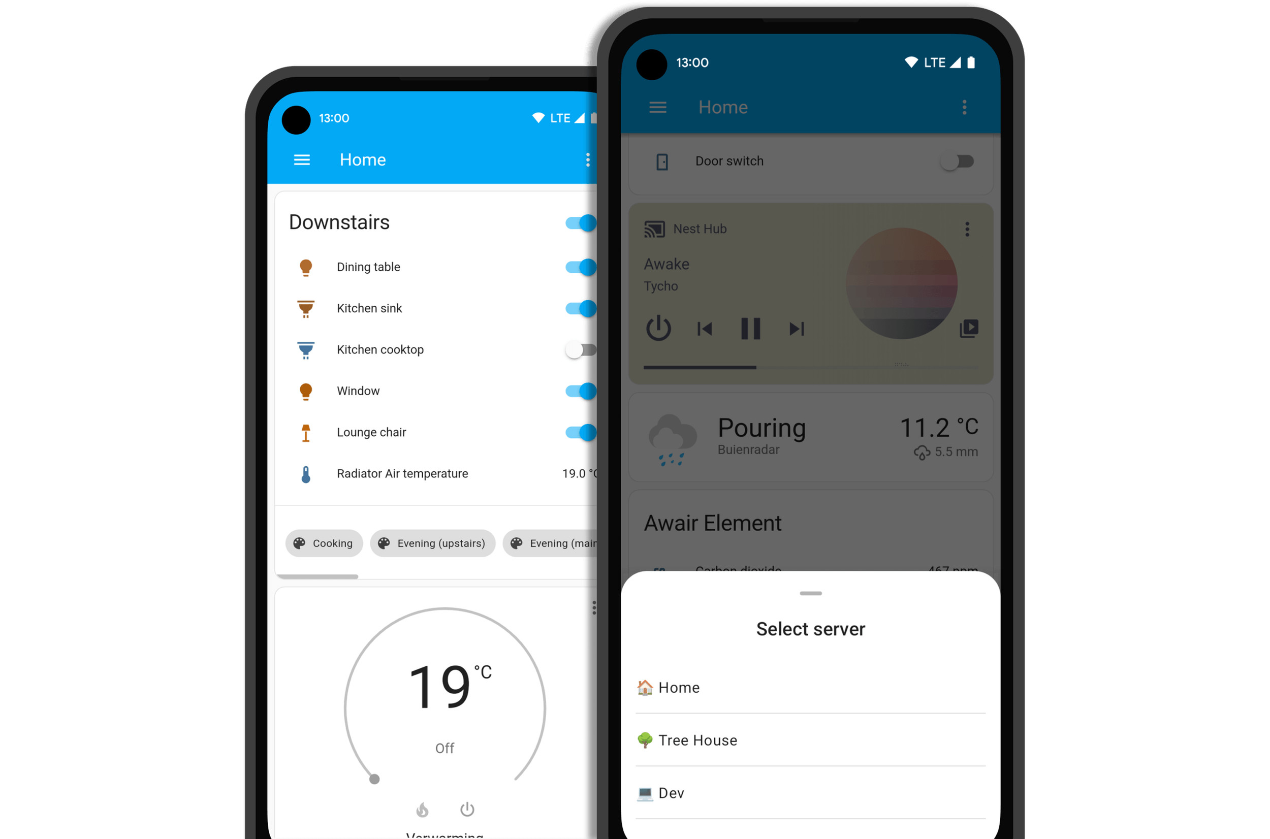 Screenshots of a phone showing different dashboards in the app, one of them showing a pop-up titled 'Choose server'