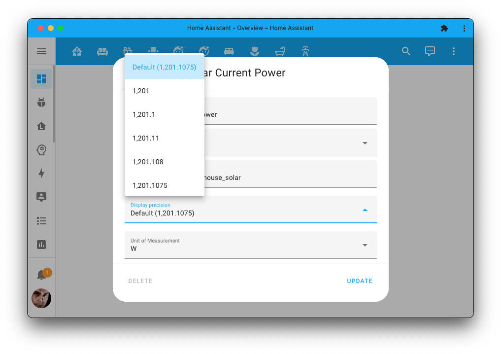 Screenshot showing you can now set the numerical
precision of a 传感器 实体 value shown in the UI from the 实体 设置 dialog.