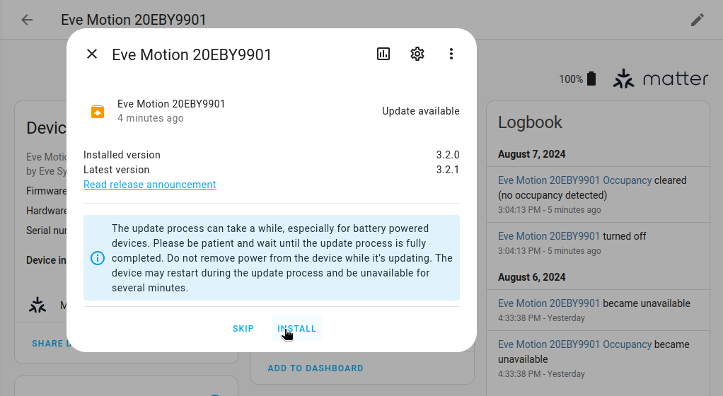 Screenshot showing an firmware 更新 for an Matter 设备 being able and can be 已安装 straight from the Home Assistant UI.