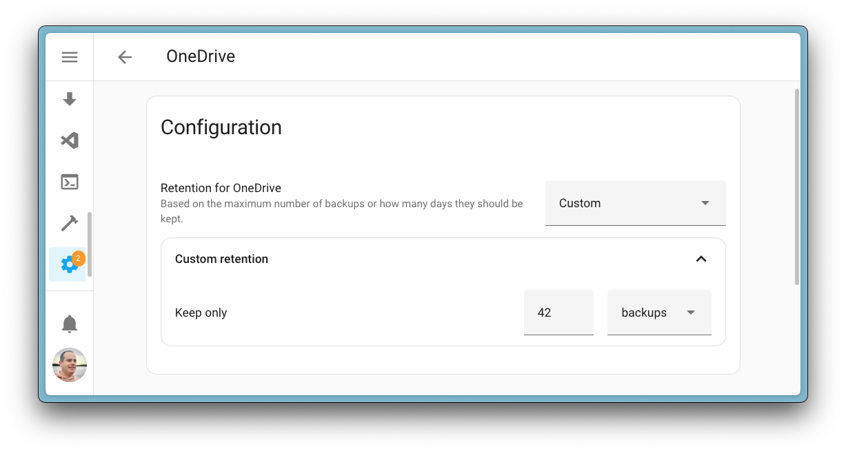 显示为 Microsoft OneDrive 集成设置的备份保留策略的屏幕截图。