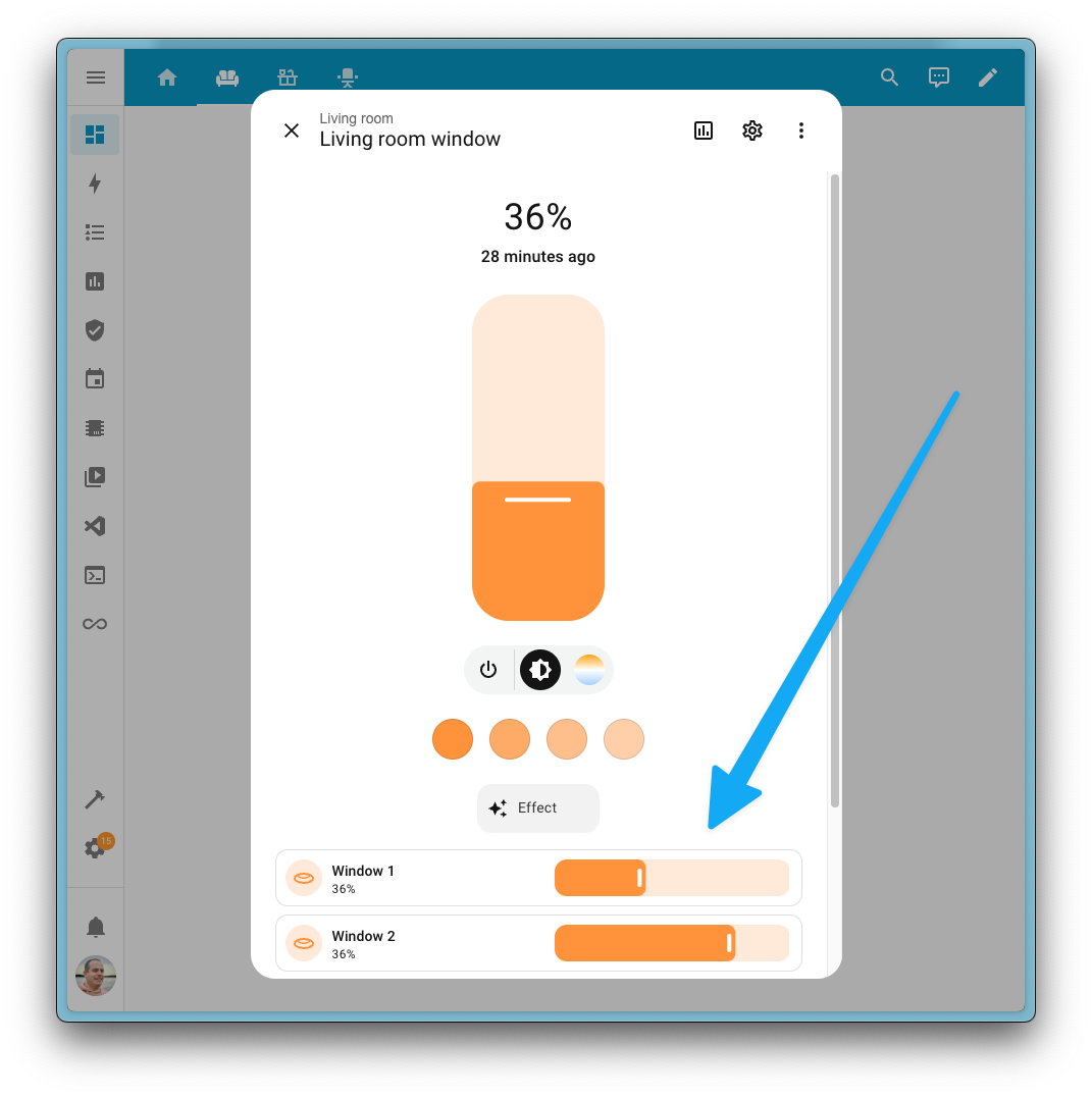显示在 Home Assistant 中查看团体助手实体时各个团体成员的控制的屏幕截图